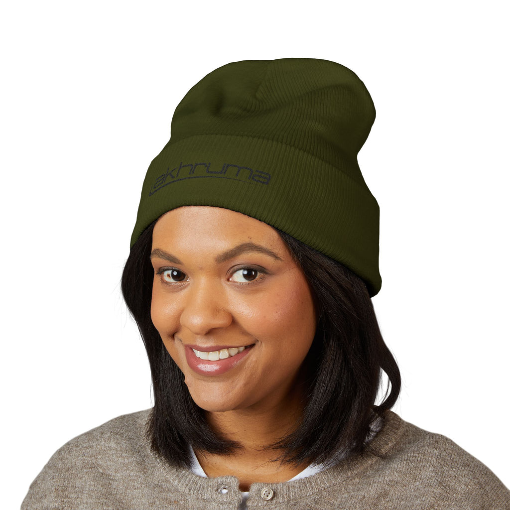 Embroidered 'akhruma' Classic Cuffed Beanie — White Knit Winter Hat
