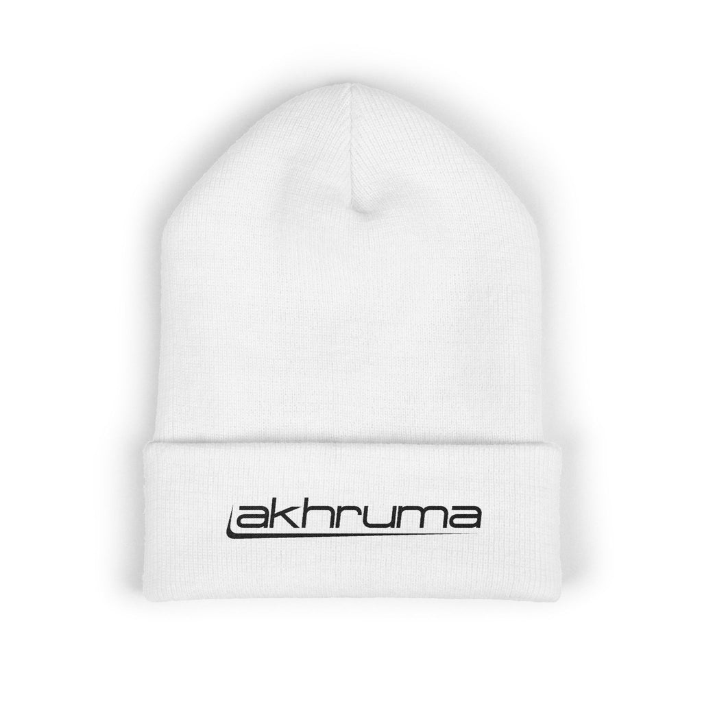 Embroidered 'akhruma' Classic Cuffed Beanie — White Knit Winter Hat
