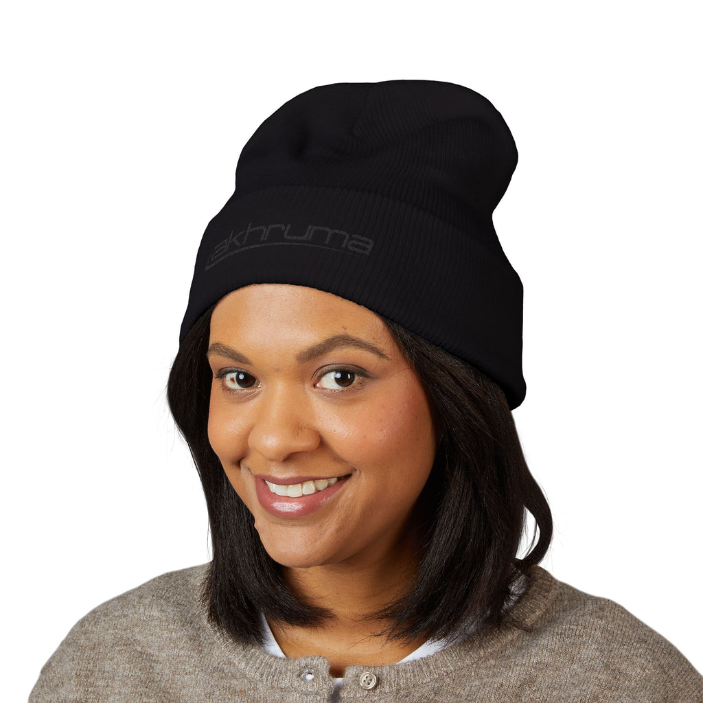 Embroidered 'akhruma' Classic Cuffed Beanie — White Knit Winter Hat