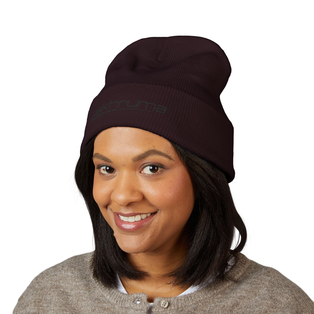 Embroidered 'akhruma' Classic Cuffed Beanie — White Knit Winter Hat