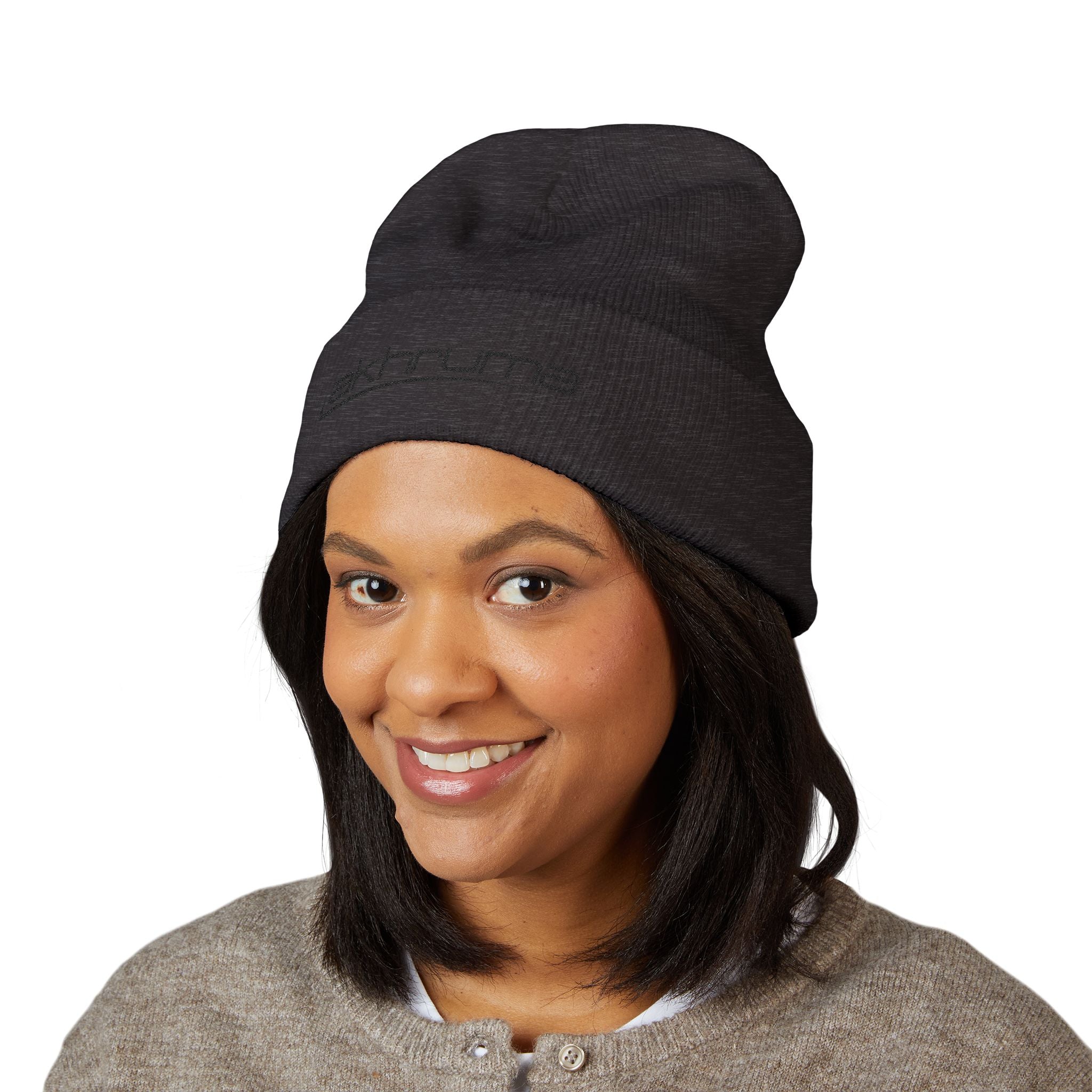 Embroidered 'akhruma' Classic Cuffed Beanie — White Knit Winter Hat