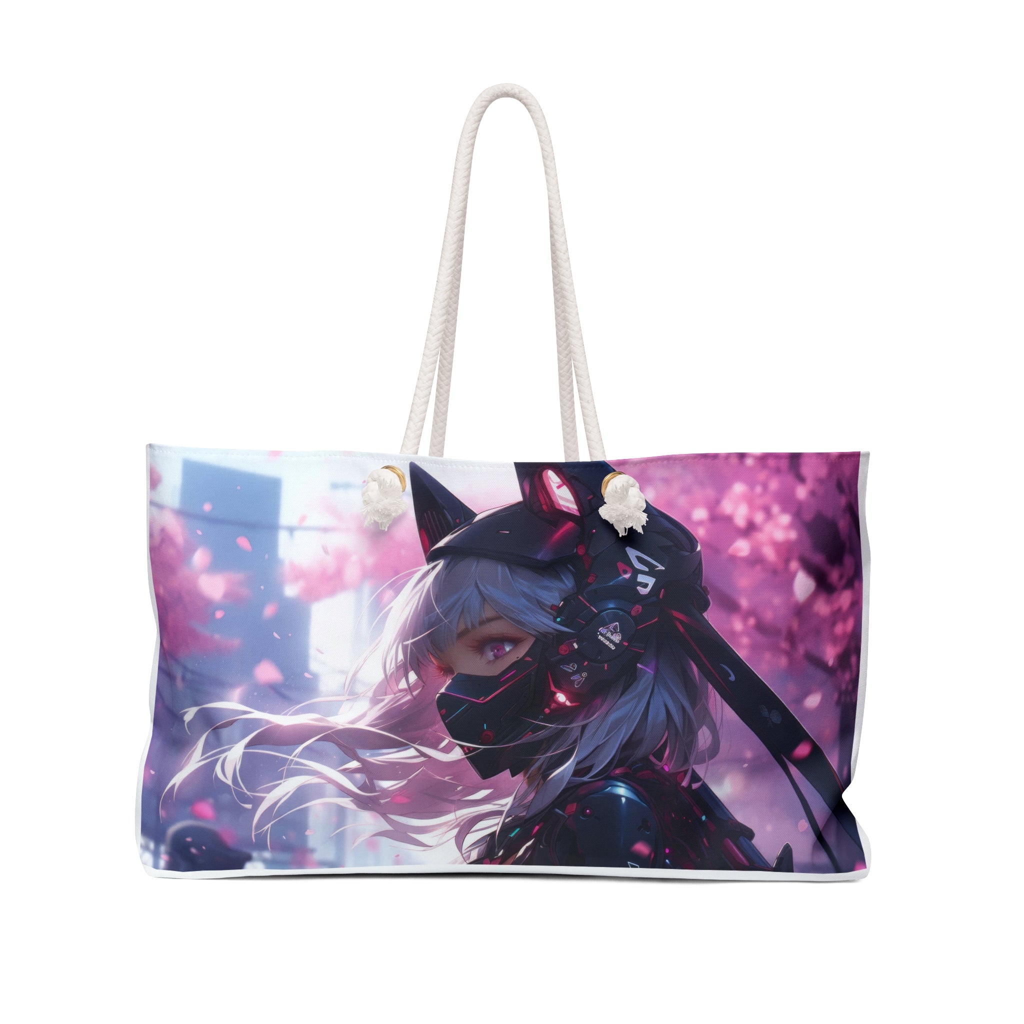 Kitsune Cyberpunk Weekender Bag — Anime Girl Masked Helmet Sakura Travel Tote