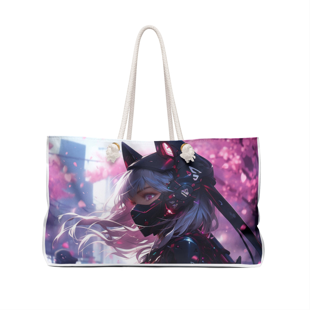 Kitsune Cyberpunk Weekender Bag — Anime Girl Masked Helmet Sakura Travel Tote