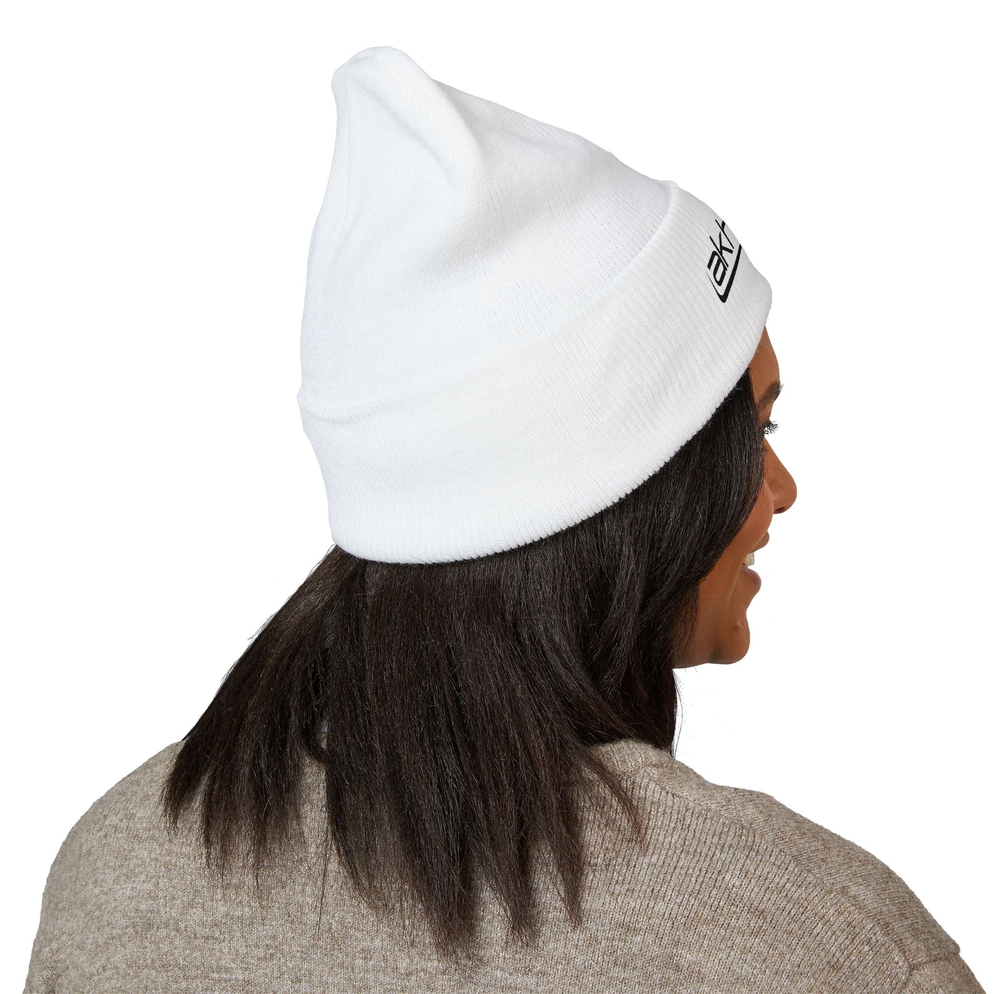 Embroidered 'akhruma' Classic Cuffed Beanie — White Knit Winter Hat